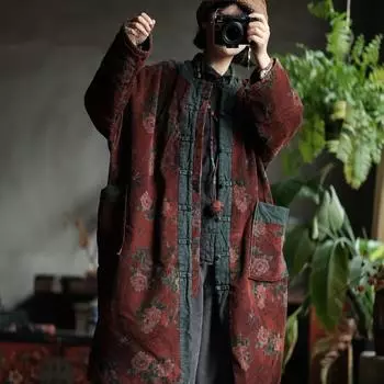 Johnature Женское винтажное красное вельветовое теплое пальто с длинными рукавами и карманами в китайском стиле One Size красный