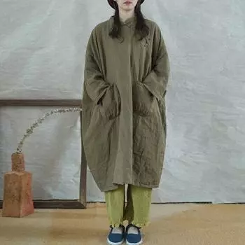 Johnature женское винтажное льняное платье со стойкой и длинным рукавом, теплый халат на пуговицах, однотонная зимняя одежда, свободное платье в китайском стиле One Size зелёный