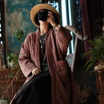 Johnature женское винтажное льняное зимнее пальто с карманами в стиле пэчворк, теплые однотонные пальто с длинными рукавами, свободные кардиганы, пальто One Size темно-красного