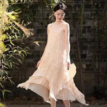 Johnature Женское винтажное летнее платье без рукавов трапециевидной формы, нерегулярные жаккардовые женские повседневные хлопковые платья One Size хаки