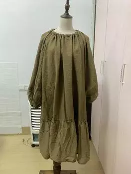 Johnature женское винтажное лоскутное цветное платье с рукавами-фонариками халаты осенние хлопковые льняные женские платья с круглым вырезом One Size темно серый