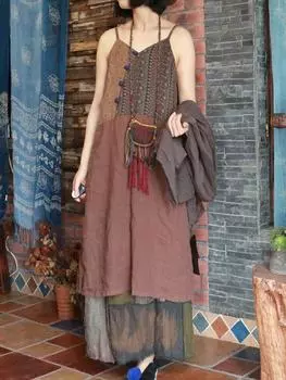 Johnature женское винтажное лоскутное цветное платье на пуговицах в китайском стиле льняное женское платье на бретельках One Size синий