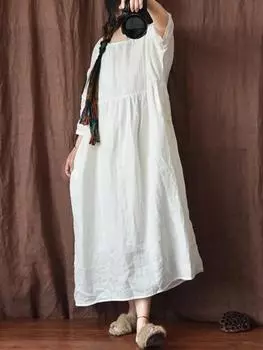 Johnature женское винтажное однотонное платье с семью рукавами, летние свободные повседневные платья с высокой талией