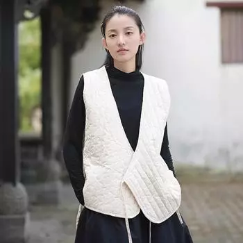 Johnature Женское винтажное осеннее безрукавное однотонное женское пальто в китайском стиле с V-образным вырезом One Size бежевый