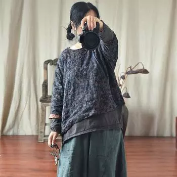 Johnature женское винтажное пальто на пуговицах с круглым вырезом и длинным рукавом с цветочным принтом, свободная одежда, осеннее хлопково-льняное повседневное пальто One Size синий