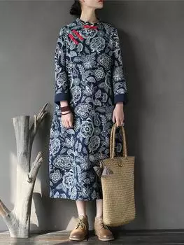 Johnature женское винтажное платье белого и синего цвета в китайском стиле, осенне-зимнее флисовое теплое платье с длинными рукавами и стойкой стойкой One Size темно-синий