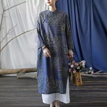 Johnature женское винтажное платье с цветочным принтом и пуговицами-стойкой, халаты с рукавами «летучая мышь», осенние платья трапециевидной формы в китайском стиле Ramie M темно-синий