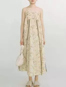 Johnature женское винтажное платье с цветочным принтом без рукавов в китайском стиле с разрезом вырезом летнее лоскутное женское платье высокого качества M светло-желтого