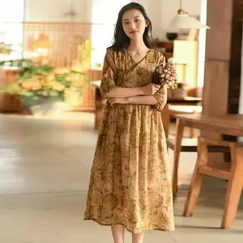 Johnature женское винтажное платье с цветочным принтом Ramie высокое качество халаты с v-образным вырезом и половиной рукавов летнее женское платье трапециевидной формы S глубокая кофе