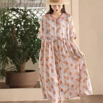Johnature Женское винтажное платье с цветочным принтом и V-образным вырезом, коротким рукавом, высокое качество, летнее повседневное мягкое платье А-силуэта One Size светло-желтого