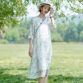 Johnature женское винтажное платье с цветочным принтом Ramie Cheongsam с v-образным вырезом и половиной рукавов летнее платье на пуговицах в китайском стиле