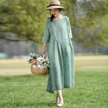 Johnature женское винтажное платье с цветочным принтом Ramie, халаты с круглым вырезом и половиной рукавов, летние женские платья трапециевидной формы в китайском стиле M зелёный