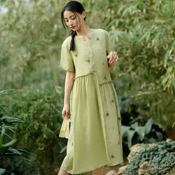 Johnature женское винтажное платье с v-образным вырезом и коротким рукавом в стиле пэчворк с цветочной вышивкой, летнее платье трапециевидной формы в китайском стиле M зелёный