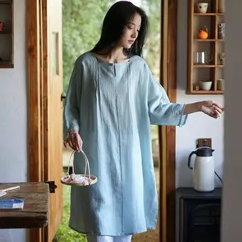 Johnature женское винтажное платье с вышивкой Ramie, летнее однотонное женское платье с квадратным воротником и семью рукавами