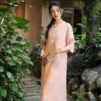 Johnature женское винтажное платье с вышивкой и цветочным принтом, однотонное летнее платье трапециевидной формы с короткими рукавами и пуговицами Ramie