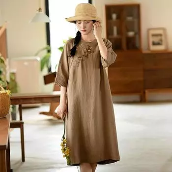 Johnature женское винтажное платье с вышивкой, льняные халаты с половиной рукавом, летние однотонные платья
