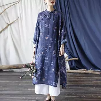 Johnature женское винтажное платье трапециевидной формы с цветочным принтом Ramie Stand с длинными рукавами и пуговицами, осеннее платье в китайском стиле M синий