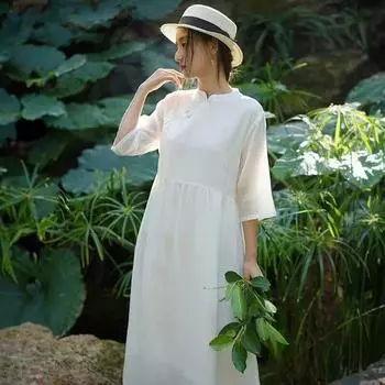 Johnature женское винтажное платье трапециевидной формы с семью рукавами-стойкой, весеннее однотонное женское платье в китайском стиле