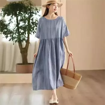 Johnature Женское винтажное полосатое платье с круглым вырезом и короткими рукавами, летнее женское платье А-силуэта с высокой талией One Size