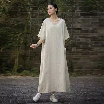 Johnature женское винтажное свободное платье с v-образным вырезом и коротким рукавом, летние однотонные женские длинные платья в китайском стиле One Size чёрный