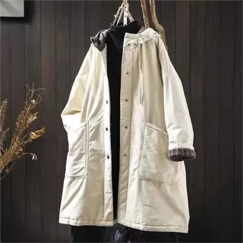 Johnature Женское винтажное теплое зимнее однотонное пальто с карманами на пуговицах One Size чёрный