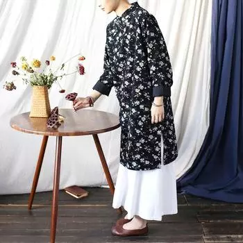 Johnature женское винтажное вельветовое платье с цветочным принтом и длинными рукавами-стойкой в китайском стиле, осеннее платье трапециевидной формы Cheongsam One Size чёрный