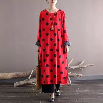 Johnature женское винтажное вельветовое платье в горошек с круглым вырезом и длинными рукавами, свободные лоскутные повседневные платья, зимняя одежда One Size красный