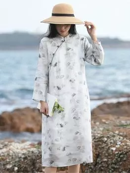 Johnature женское винтажное весеннее платье со стойкой с цветочным принтом и пуговицами Cheongsam, высокое качество, женские платья трапециевидной формы S жёлтый