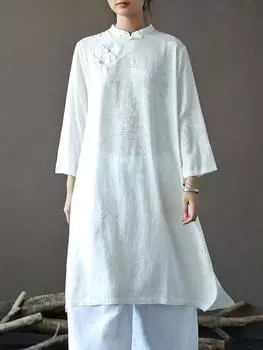 Johnature женское винтажное жаккардовое белое платье осеннее платье с семью рукавами и пуговицами в китайском стиле женское платье One Size белый