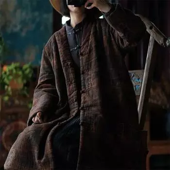 Johnature женское винтажное зимнее пальто с цветочным принтом и v-образным вырезом и длинными рукавами на пуговицах в китайском стиле плюс хлопковые теплые пальто One Size темно-коричневого