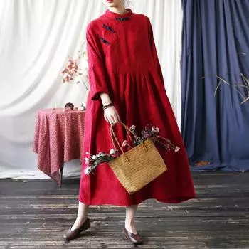 Johnature женское жаккардовое платье-стойка в китайском стиле на пуговицах с длинным рукавом однотонное весеннее винтажное платье трапециевидной формы