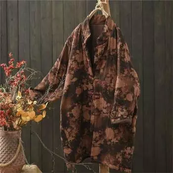 Johnature Женское зимнее модное винтажное платье с пряжкой и принтом Свободное однобортное повседневное пальто в китайском стиле в стиле ретро One Size красный