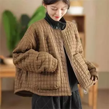 Johnature Женское зимнее модное винтажное пальто с большими карманами и круглым вырезом на молнии в стиле ретро с длинными рукавами, свободное однотонное пальто One Size