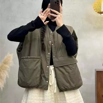 Johnature Женское зимнее пальто с большими карманами, однотонное, модное, повседневное, свободное, без рукавов, однобортное One Size бежевый