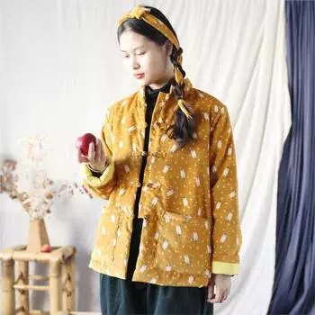 Johnature Женское зимнее пальто с пряжкой в винтажном стиле с длинными рукавами в стиле ретро в китайском стиле One Size жёлтый