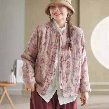 Johnature Женское зимнее пальто в китайском стиле с принтом, свободные, с винтажной пряжкой, с длинными рукавами, однобортное One Size синий