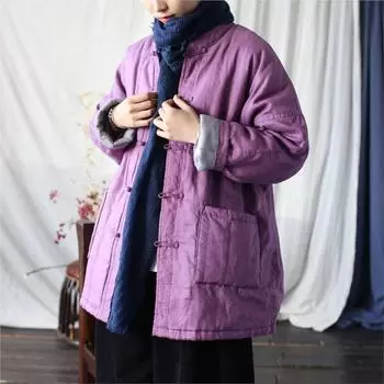 Johnature Женское зимнее пальто в китайском стиле с пряжкой, однотонное, винтажное, ретро, с длинными рукавами, однобортное пальто One Size фиолетовый