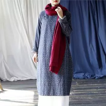 Johnature Женское зимнее платье с длинными рукавами, свободное, с пряжкой, в винтажном стиле, с ретро-принтом, повседневное, с цветочным принтом One Size синий