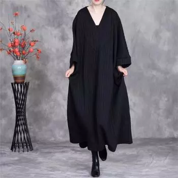 Johnature Женское зимнее платье с V-образным вырезом в винтажном стиле, свободное однотонное платье в стиле ретро с рукавами три четверти One Size