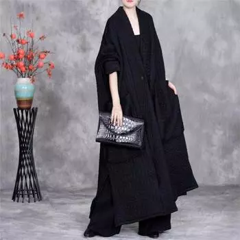 Johnature Женское зимнее свободное пальто с большими карманами в корейском стиле с длинными рукавами и V-образным вырезом One Size чёрный