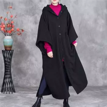 Johnature Женское зимнее свободное пальто в китайском стиле с капюшоном Niche Vintage однобортное пальто с коротким рукавом One Size чёрный