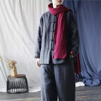 Johnature Женское зимнее свободное винтажное однотонное пальто с пряжкой и длинными рукавами в китайском стиле в стиле ретро One Size чёрный