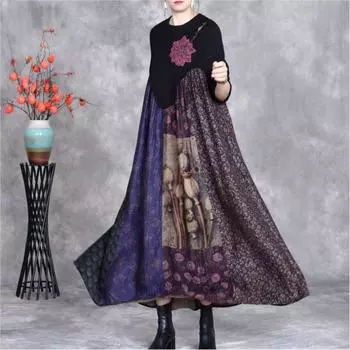 Johnature Женское зимнее трикотажное платье с цветочным принтом в винтажном стиле с длинными рукавами и круглым вырезом в стиле ретро One Size чёрный