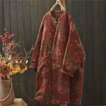Johnature Женское Зимнее Винтажное Китайское Стильное Принт Длинные Рукава Модные Свободные Однобортные Пальто One Size красный
