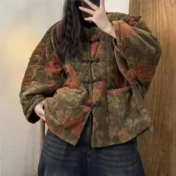 Johnature Женское зимнее винтажное нишевое принтовое пальто с пряжкой, длинные рукава, однобортное, свободное пальто One Size