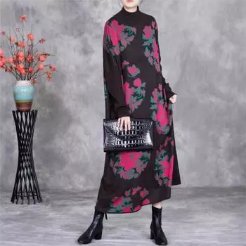 Johnature Женское зимнее винтажное платье свободного покроя в китайском стиле с длинными рукавами и воротником-стойкой One Size розовый