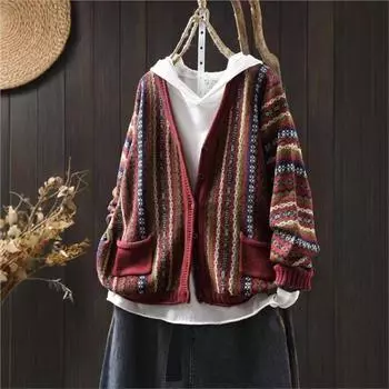 Johnature Женское зимнее винтажное вязальное пальто с вертикальными полосками и V-образным вырезом, однобортное жаккардовое пальто с длинными рукавами One Size