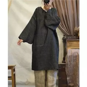 Johnature зимнее женское льняное свободное платье с длинными рукавами и v-образным вырезом, модное свободное однотонное винтажное повседневное платье One Size чёрный