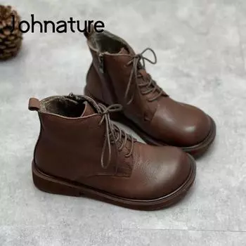Johnature зимние ботинки из натуральной кожи, женская обувь, женские ботильоны с круглым носком на молнии и плоской подошвой ручной работы, женские ботильоны ручной работы 35 чёрный