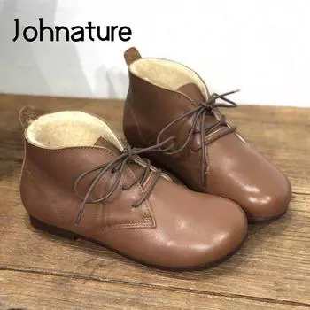 Johnature зимние ботинки из натуральной кожи и шерсти, женская обувь, теплые женские ботильоны на шнуровке с круглым носком на плоской подошве для отдыха 35 чёрный